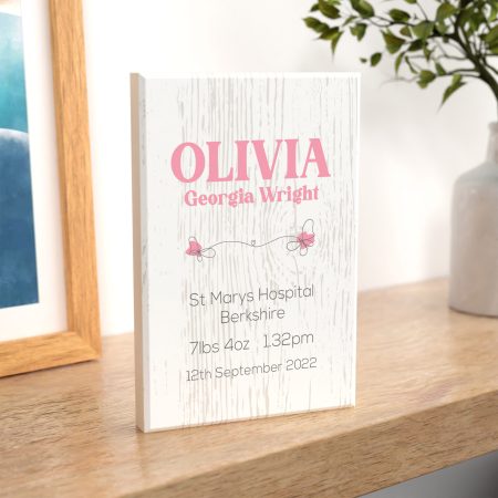 Personalised New Baby Pink Butterfly Maple Wooden Block Keepsake