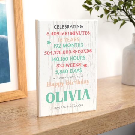 Personalised 'Years, Months, Minutes, Seconds' Milestone Birthday Gift - Printed Maple Wooden Block Present