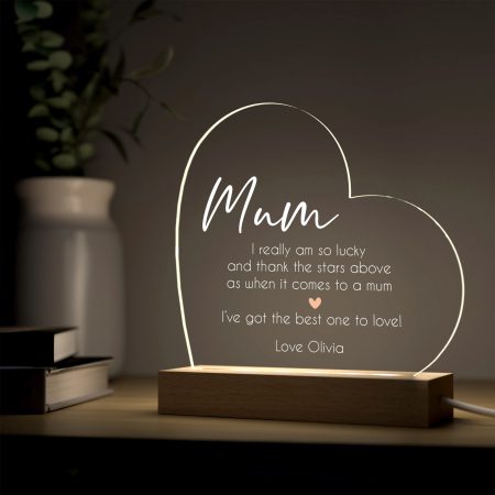 Unique Mother's Day Personalised LED Light - Heart Design with Printed Message for Mum