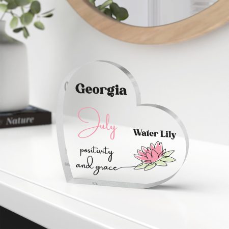 July Birthday Personalised Printed Heart Shape Clear Block - Water Lily Floral Design