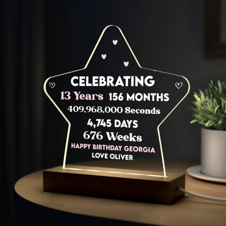 Personalised Happy Birthday Star Shaped LED Night Light - Customised with Days, Months and Years