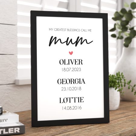 Personalised Family Framed Print 'My Greatest Blessing Call Me Mum' with Heart Design and Children's Names