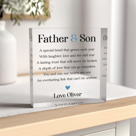 Personalised Father & Son Clear Block Keepsake Gift - Loving Poem with Blue Heart Design