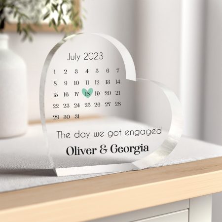 Personalised Engagement Heart Clear Block with Printed Calendar Design 'The Day We Got Engaged'