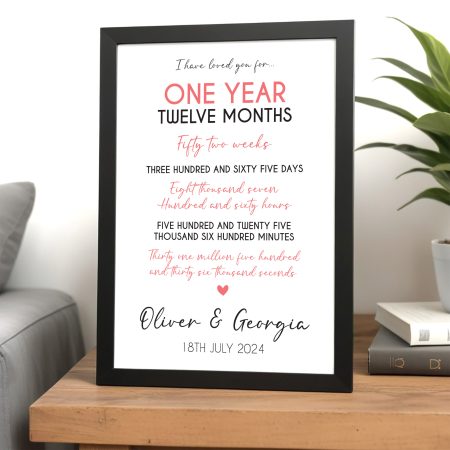 One Year Anniversary Personalised Print - Elegant Framed Design for Couples
