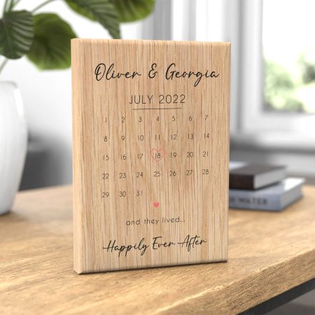 'They Lived Happily Ever After' - Modern Calendar Design Oak Wooden Block - Personalised With the Happy Couples Name and Date