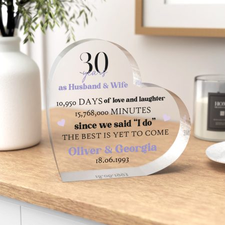 Personalised 30 Years as Husband and Wife Clear Heart Block Gift -  Pearl Wedding Anniversary Gift