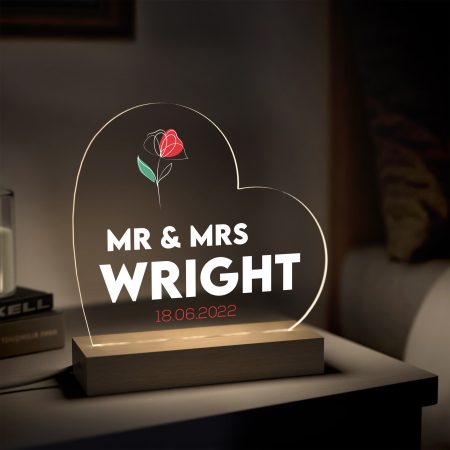 Personalised Red Rose Anniversary Date Gift - Floral Themed Heart Shaped LED Wedding Present