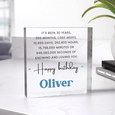 Happy Birthday Milestone Age Acrylic Clear Block Keepsake - A Unique Personalised Gift for a Memorable 30th Birthday