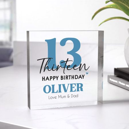 Happy 13th Birthday Clear Acrylic Block Present - Milestone Teenage Birthday Gift for Boys and Girls