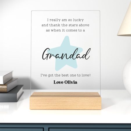 Fathers Day Gift: Personalised Wooden Stand with Acrylic Sign for Grandad - Elegant Star Graphic