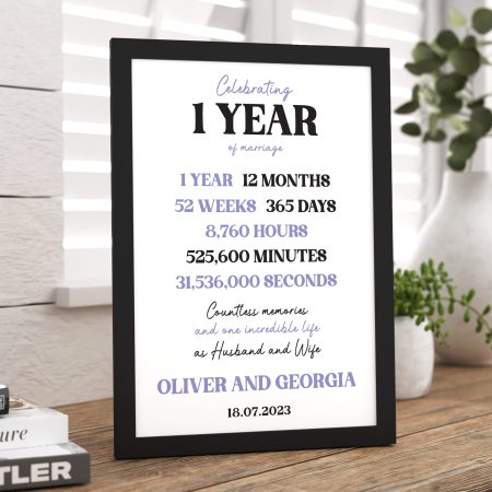 Anniversary Personalised Framed Print - Commemorating One Year Together for Couples