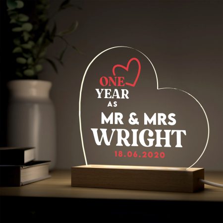 Personalised 1st Wedding Anniversary Mr and Mrs Gift - 'One Year As' Heart Themed LED Light Present