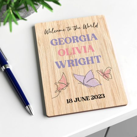 Elegant Purple and Pink Butterfly Design New Baby Card - Personalised Printed Wooden Card For Baby