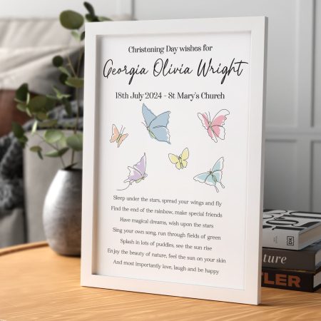 Butterfly Themed Christening Print and Frame - Colourful Watercolour Personalised Gift