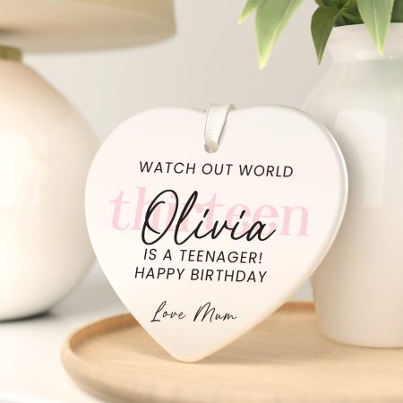 Personalised Heart-Shaped Ceramic Keepsake - Teenager 13th Birthday Printed Design