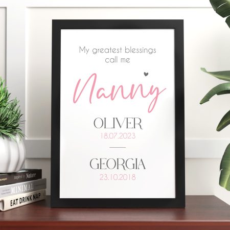 Printed Personalised Mother's Day Gift - Framed Nanny Print with Grandchildren's Names and Birth Dates
