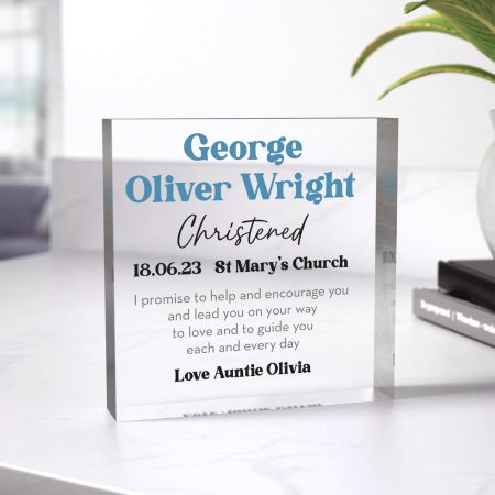 Personalised Christening Gift From Godmother Godfather - Printed Custom Name Location and Date Acrylic Block