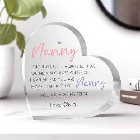 Personalised Clear Heart Block for Mothers Day - Printed Heart Design for Nanny - Elegant Pink and Purple Memento