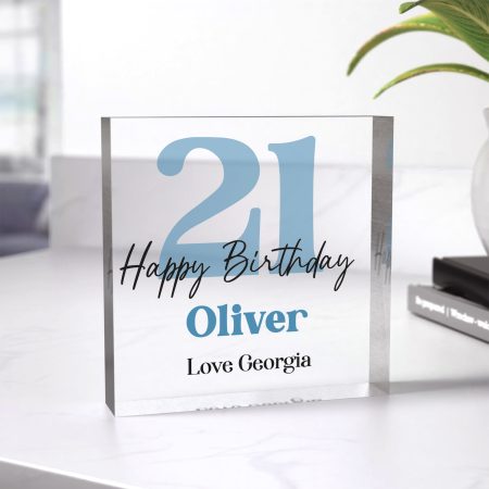 Personalised 21st Special Age Birthday Present - Clear Square Block Gift for Him