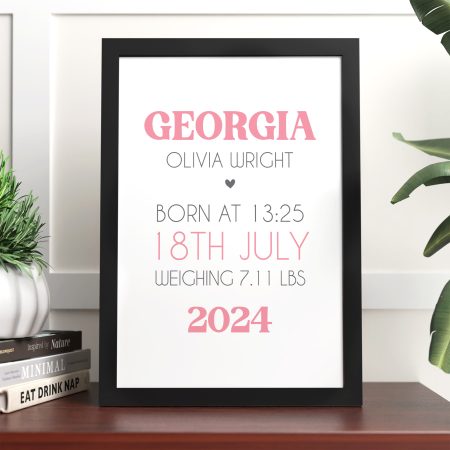 Personalised New Baby Boy Or Girl Print - Pink or Blue Print and Frame Gift - Mark Your New Baby's Birthday with this Memorable Gift