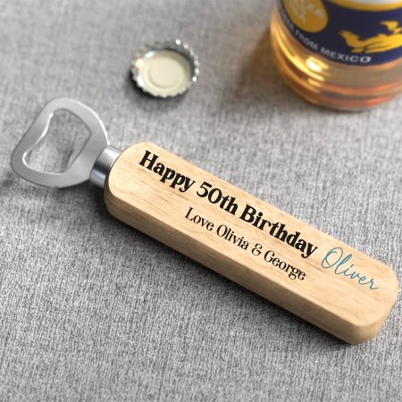 Wooden 50th Milestone Birthday Bottle Opener - Personalised Gift From Son and Daughter
