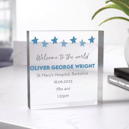 Personalised New Baby Welcome To The World Ornament - Printed Pink or Blue Star Design Acrylic Block Gift