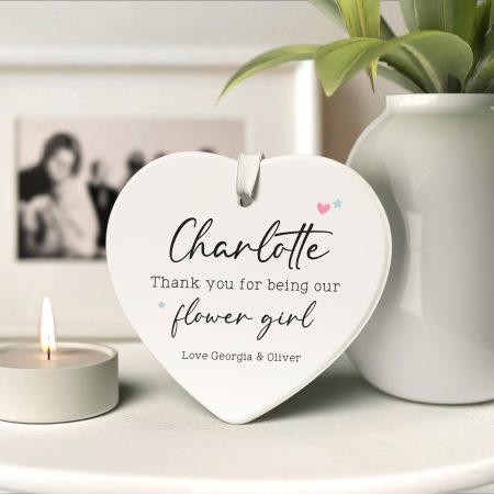 Personalised Flower Girl Thank You Ceramic Heart - Printed Modern Ceramic Heart Decoration