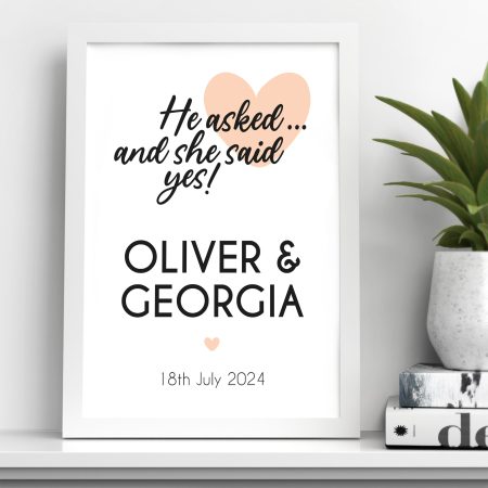 Personalised Engagement He Asked She Said Yes Print - Nude Coloured Modern Design Gift