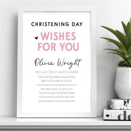 Personalised Christening Day Wishes Print and Frame Gift - Beautiful Pink or Blue Remembrance Gift