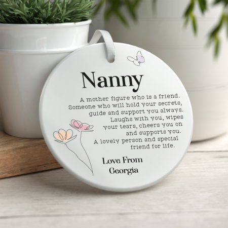 Elegant Floral Poem Design Ceramic Circle Decoration - Perfect Xmas Gift Personalised for Nanny