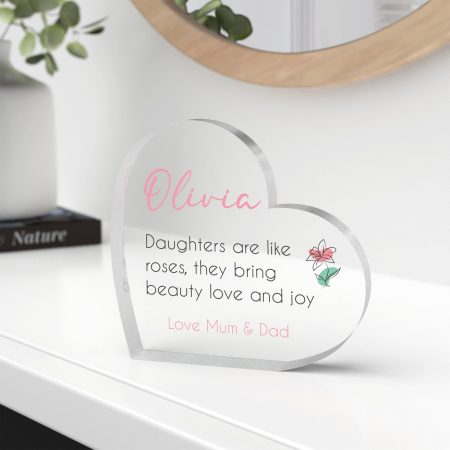 Personalised Daughters Are Like Roses Birthday Gift - Printed Clear Acrylic Heart Block With Floral Design
