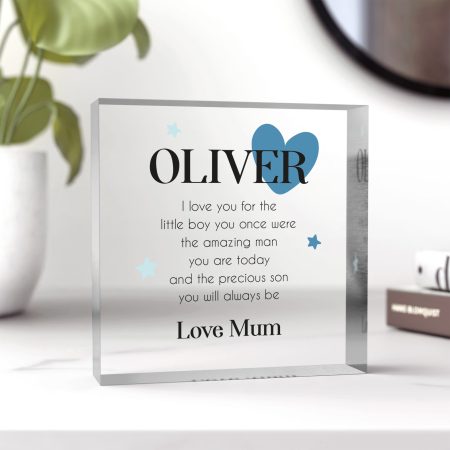 Personalised I Love You Gift For Son Daughter - Printed Clear Acrylic Block Present From Mum and Dad