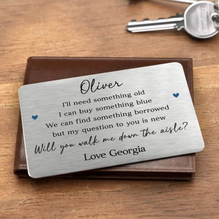 Personalised 'Walk Me Down The Aisle' Question Wallet Card Gift - Printed Metal Wallet Card for A Special Occasion