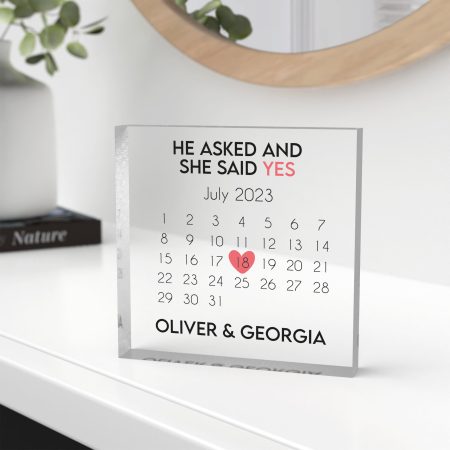 Engagement Personalised Printed Clear Acrylic Block - Elegant Date with Heart Reminder