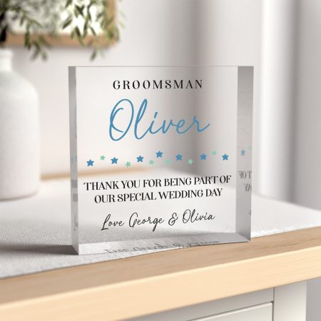 Elegant Clear Block with Personalised Wedding Message for Groomsman - Printed Acrylic Memorable Keepsake