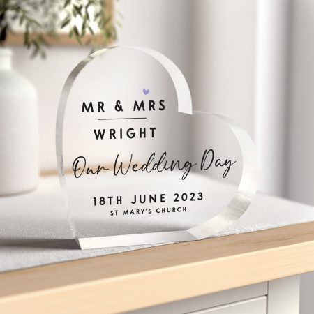 'Our Wedding Day' Script Font Heart Block Decoration - Personalised Printed Clear Acrylic Keepsake