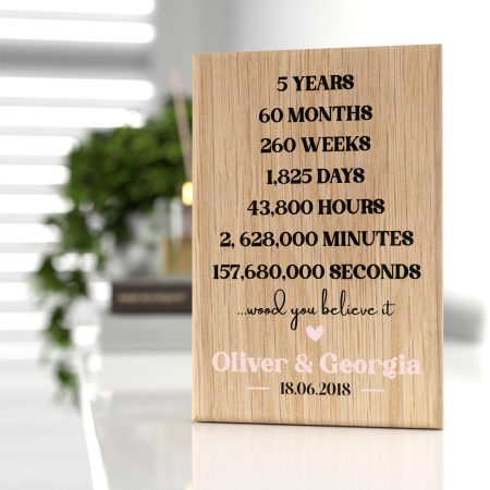 Personalised 5th Wedding Anniversary Printed Oak Wooden Block - Perfect Wood Anniversary Present