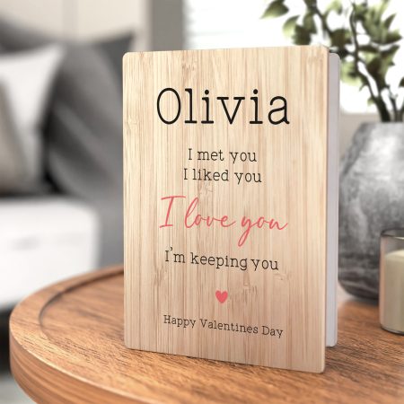 'I Met You, I Love You, I'm Keeping You' Funny Valentines Day Card - Unique Personalised Printed Wooden Card for Couples