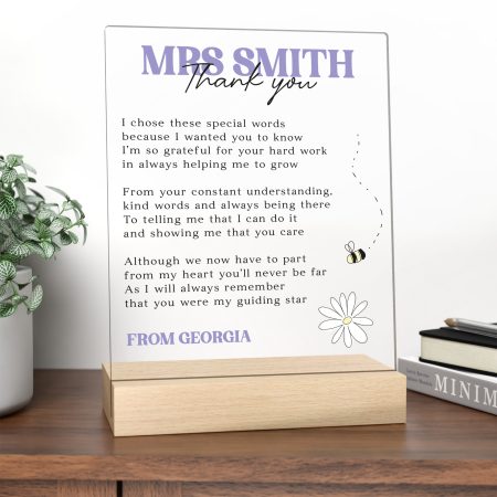 Heartfelt Teacher Poem Printed Clear Acrylic Sign and Wooden Base - Personalised Teacher Thank You Gift
