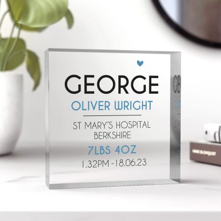 Personalised New Baby Birth Details Ornament - Printed Clear Acrylic Block Nursery Decoration