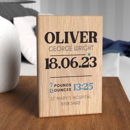 New Baby Birth Details Oak Wood Gift - Personalised Printed Blue or Pink Modern Design Keepsake