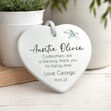 'Godmothers Are a Blessing, Thank You For Being Mine' - Personalised Ceramic Heart Decoration - Modern Hanging Christening Gift