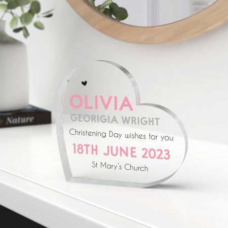 Personalised Christening Girls Boys Heart Ornament - Printed Acrylic Pink or Blue Heart Shaped Decoration
