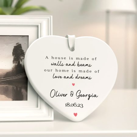 'Love and Dreams' Ceramic Heart Decoration - Personalised Unique Hanging Decoration for a New Home
