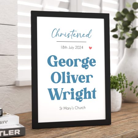Printed Christening  Details Wooden Frame Gift - Personalised Blue or Pink Custom Name and Date Christening Present