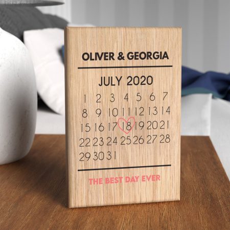 Personalised Anniversary Gift - Elegant Oak Block with Modern Calendar Design
