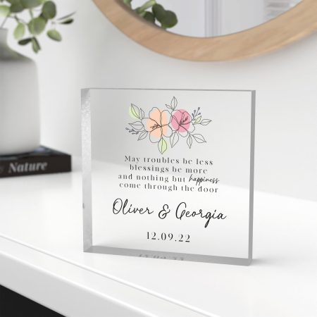 Personalised New Home Housewarming Gift - Floral Themed Clear Acrylic Block with Heartfelt Loving Printed Poem