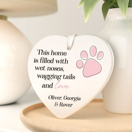 Personalised New Home Dog Lover Gift - Printed Ceramic Heart Hanging Decoration