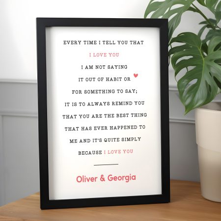 Personalised Valentines Day 'I Love You' Poem Print and Frame - Loving Valentines Gift for Couples
